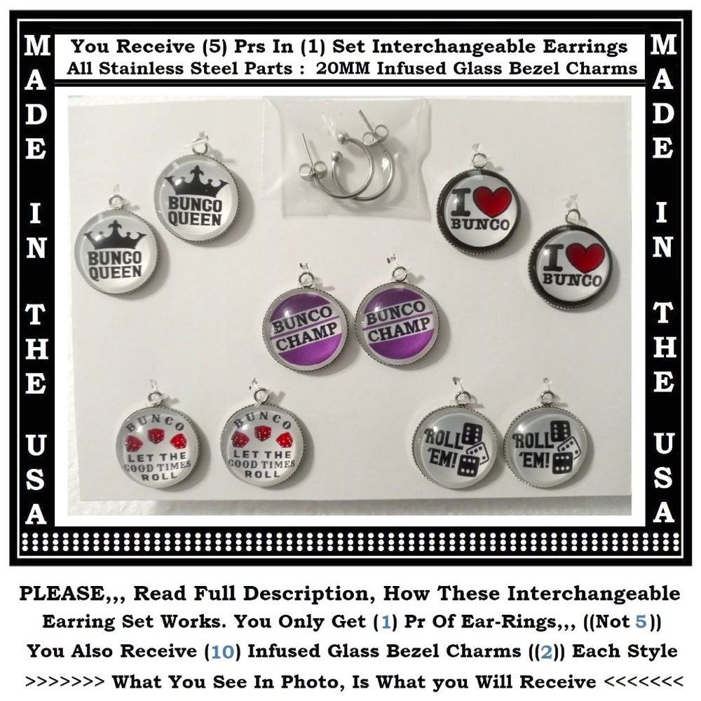 5/$20 BUNCO Dice Game Party Fun - Interchangeable Charm Earrings-5 Pairs in Set